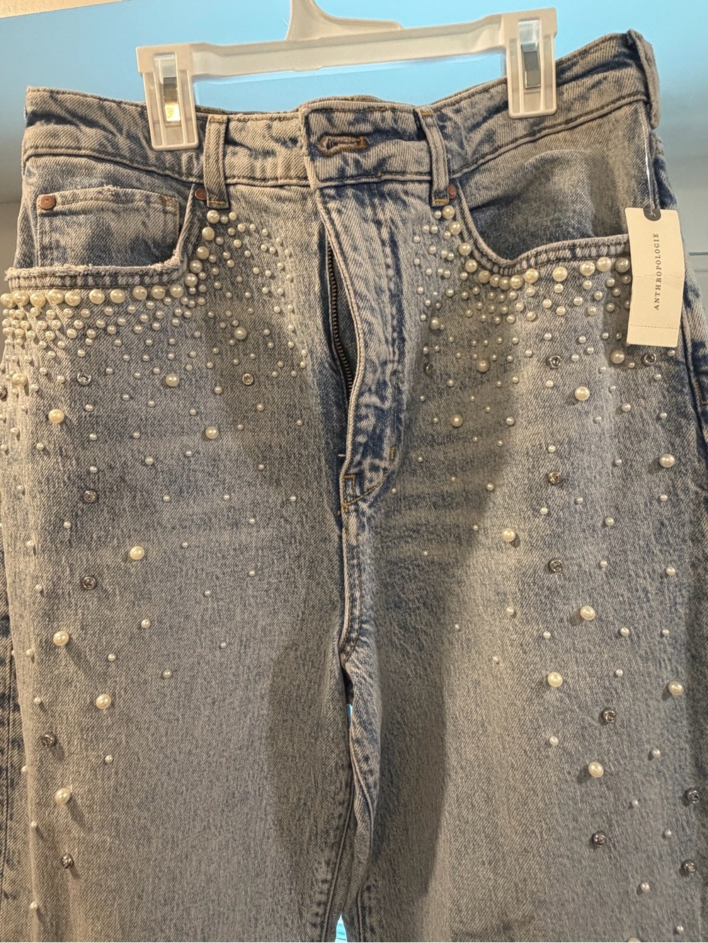 Anthropologie Light Blue High-Rise Pearl & Stud Jeans